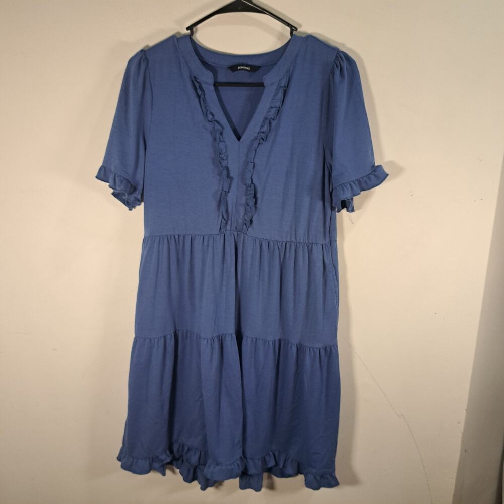 Dokotoo Blue Solid V Neck Ruffle Short Sleeve Tiered Dress Women's Size Small